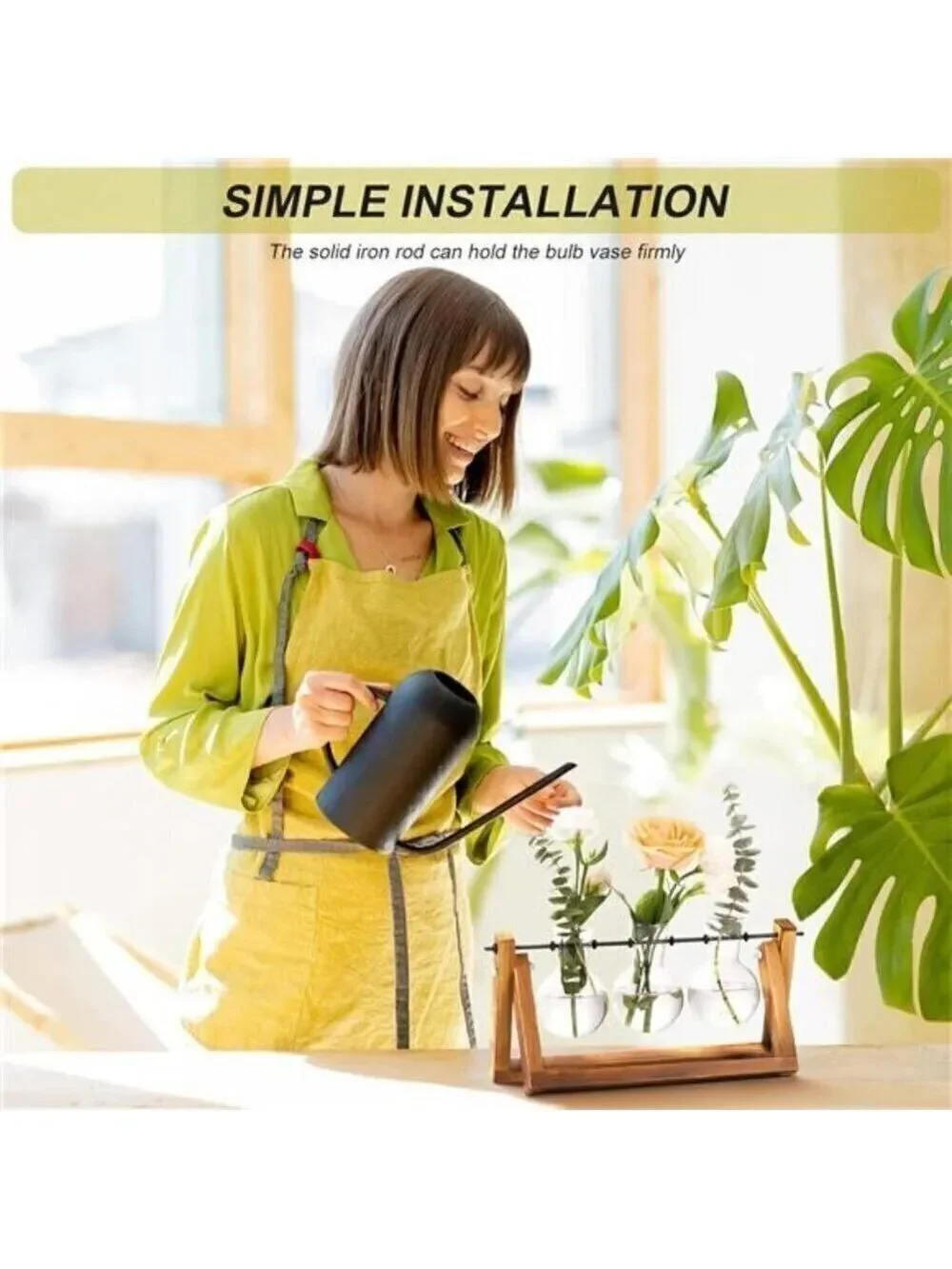 Plant Terrarium Wooden Stand,Air Planter Bulb Glass Vase Tabletop Home Garden